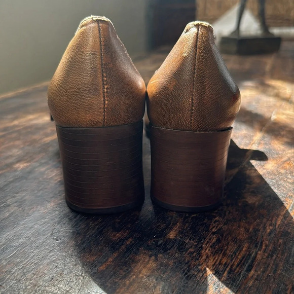 Laura Scott Brown Tan Shoes 8M Strap Heel Sqaure Toe Leather Brazil Retro Office - Picture 4 of 10